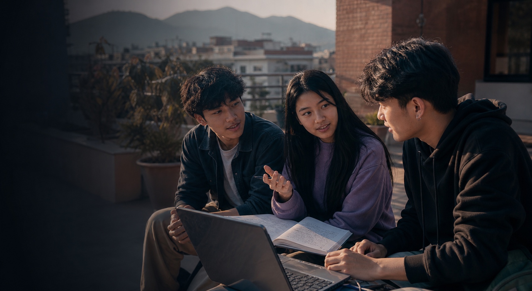 Three students planning an idea together around a laptop after class