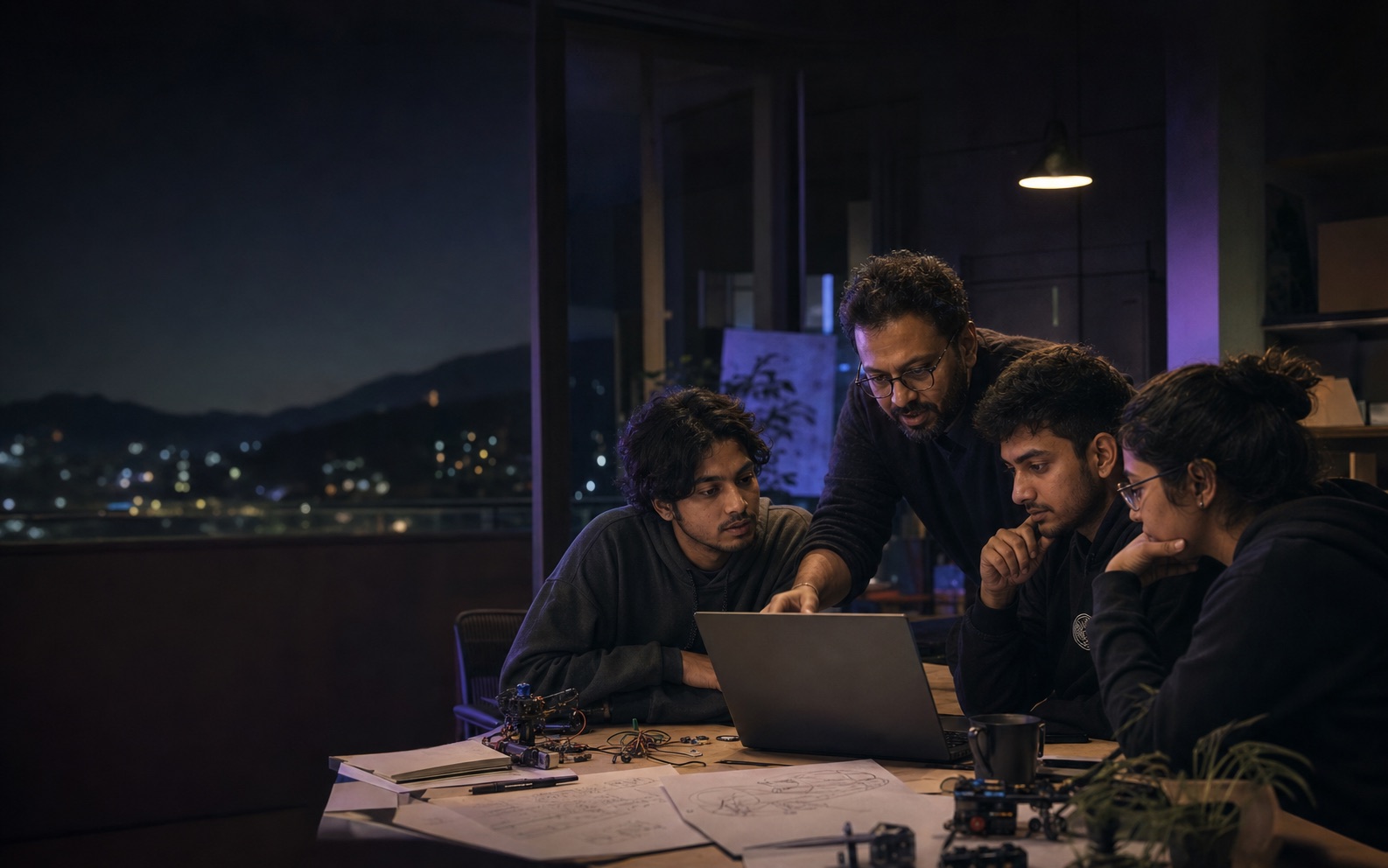 A founder team reviewing a working prototype with an experienced mentor