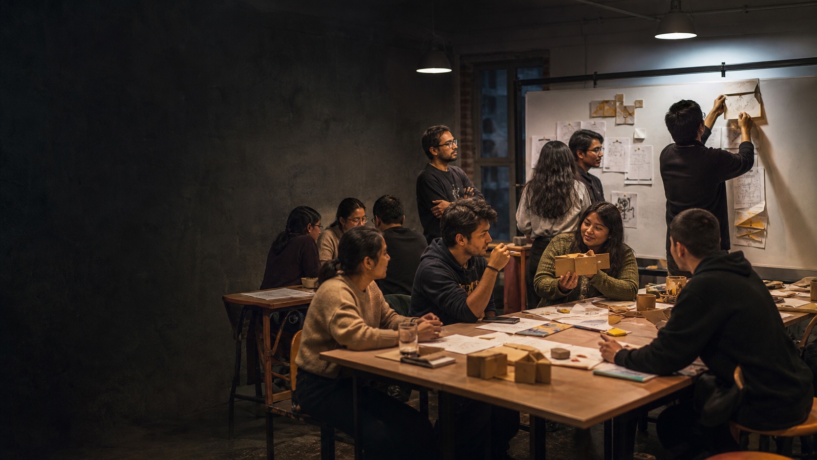 An editorial scene of young builders shaping ideas together in a small workshop